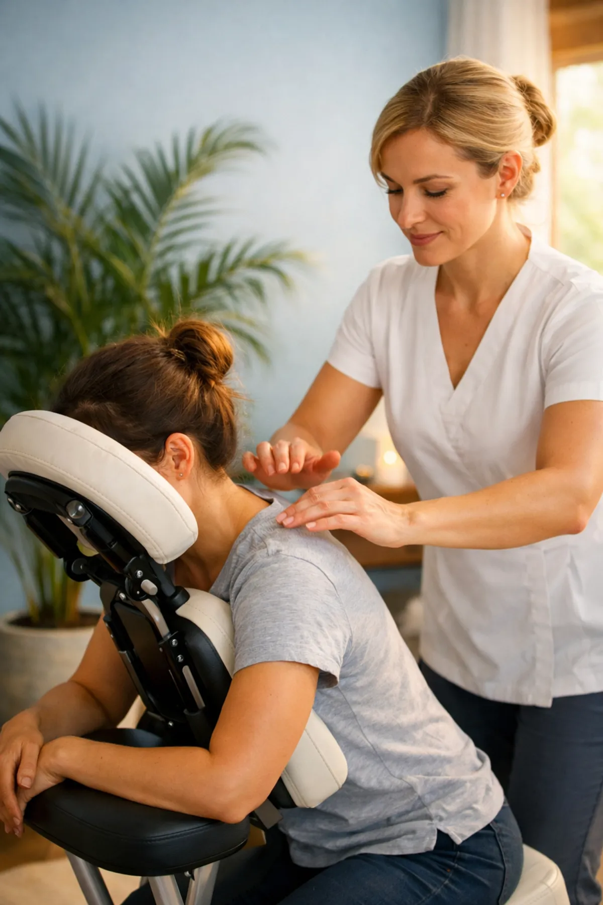 Professional chair massage in Matawan NJ featuring rhythmic tapping techniques for stress relief and relaxation.