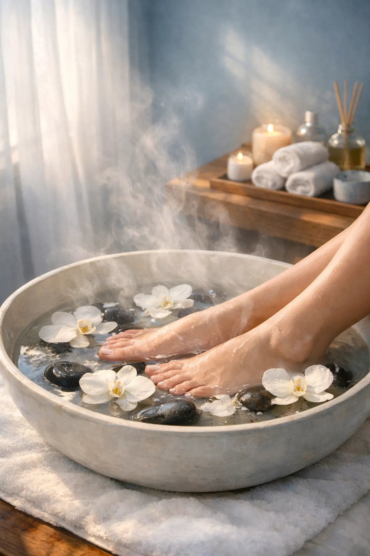 Luxurious foot soak with flowers and warm water at a relaxing massage therapy clinic in Matawan NJ.