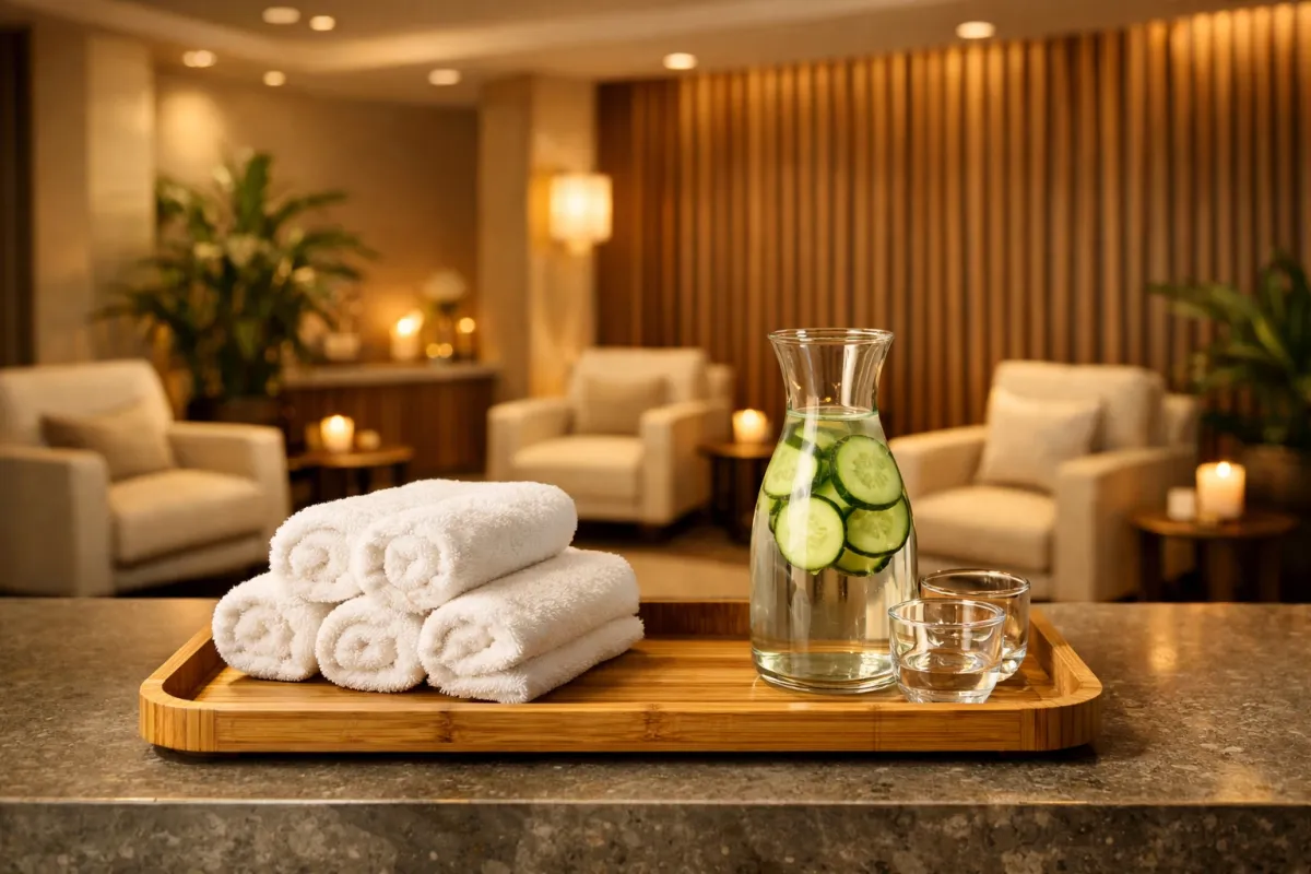 Welcoming reception lounge of a professional Matawan massage spa with clean towels and water.