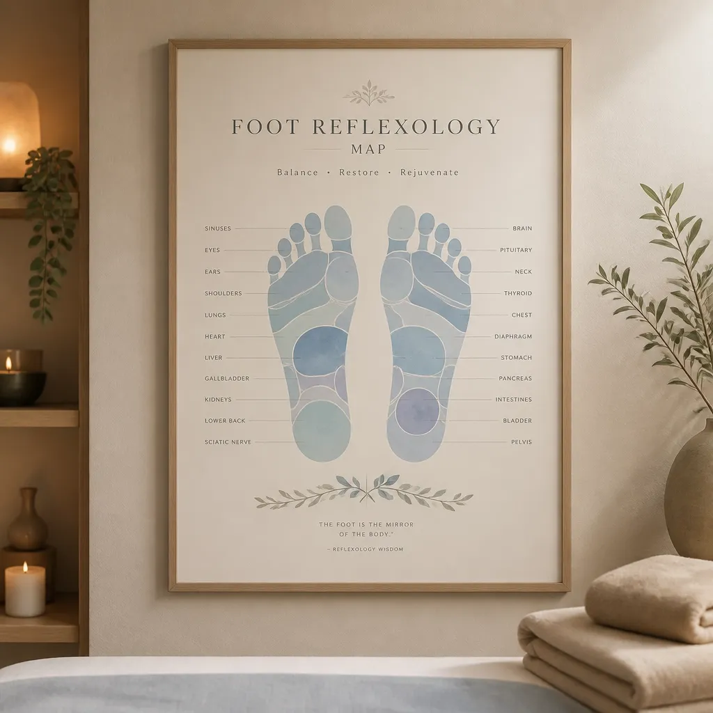 A modern, artistic reflexology map showing the connection between the feet and the rest of the body.