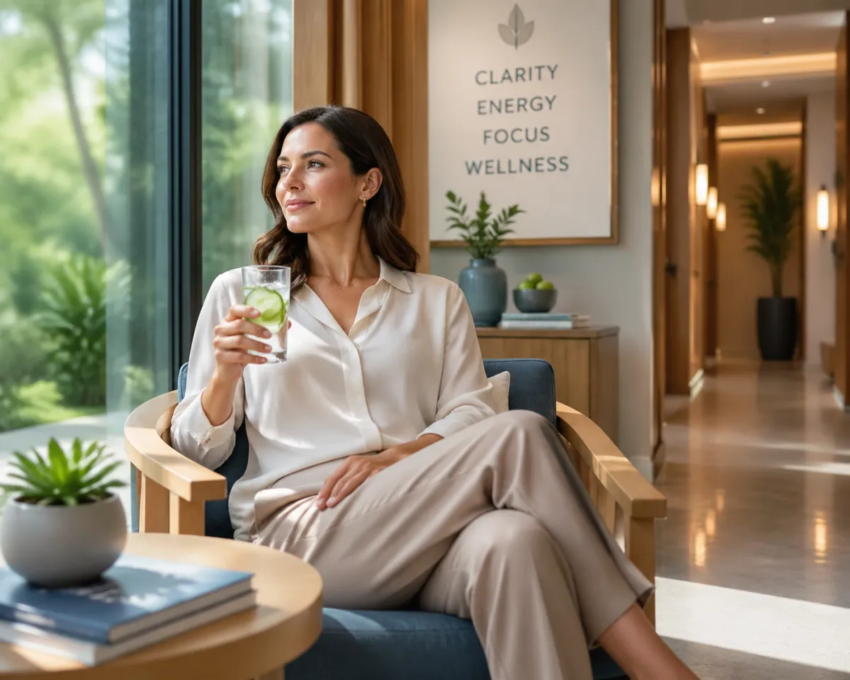 Relaxed professional in a wellness lounge after a stress-relieving massage in Matawan NJ.