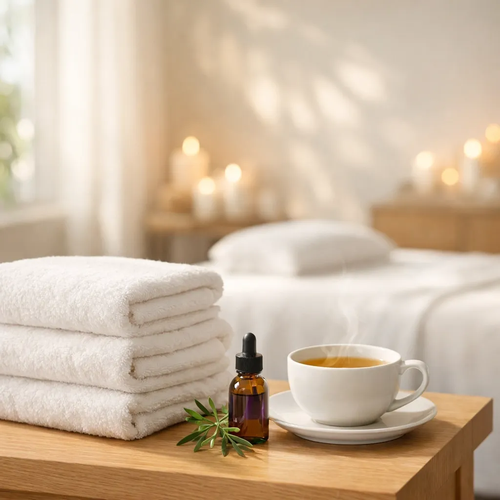A tranquil spa setting with lavender oil and tea, promoting relaxation and better sleep through regular massage therapy.