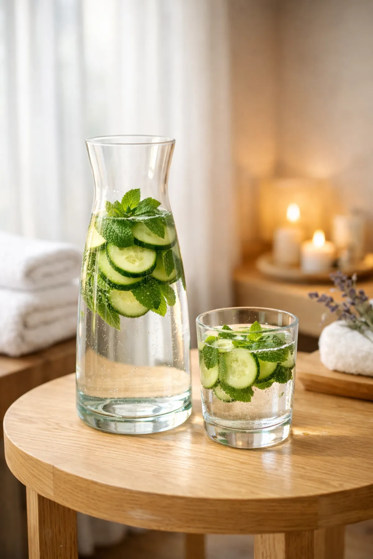 Refreshing cucumber water in a serene spa for hydration after deep tissue massage in Matawan.