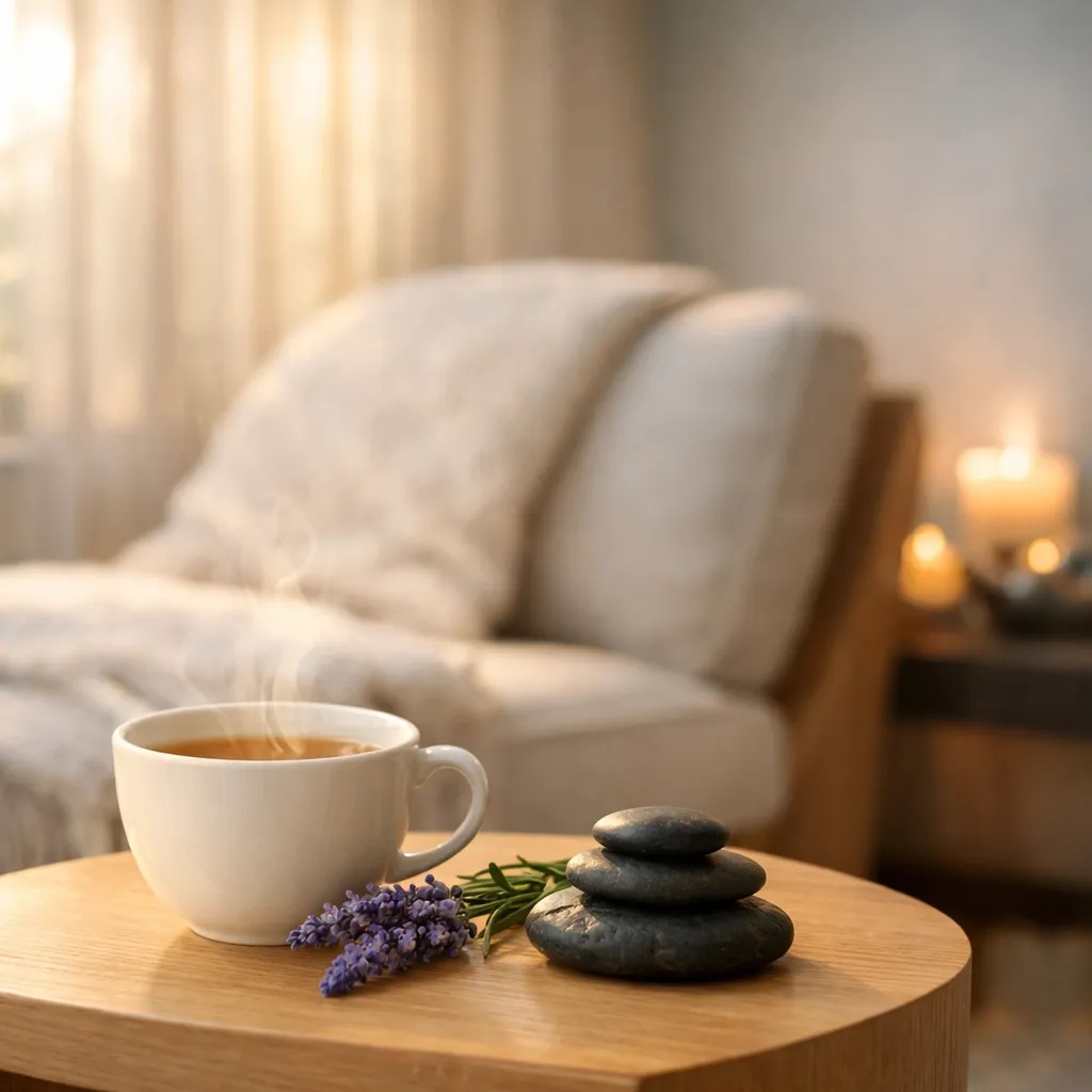 Peaceful spa relaxation lounge with herbal tea, showcasing the mental reset provided by massage therapy near me.