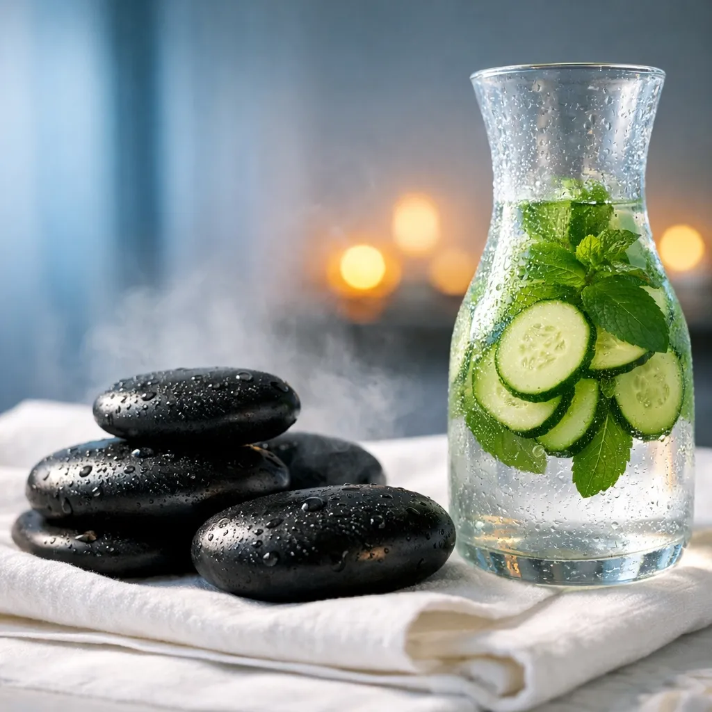 Heated basalt stones and refreshing water for stress relief at a hot stone massage NJ spa in Matawan NJ.