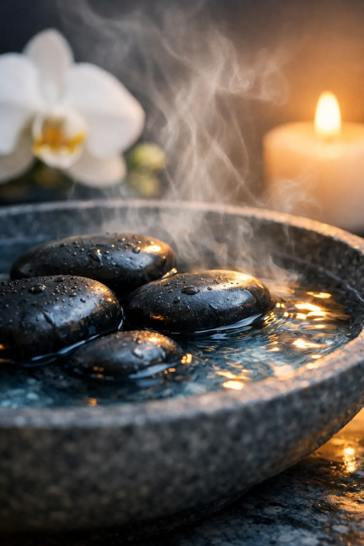 Heated basalt stones in steaming water for a therapeutic hot stone massage NJ to relieve tension.