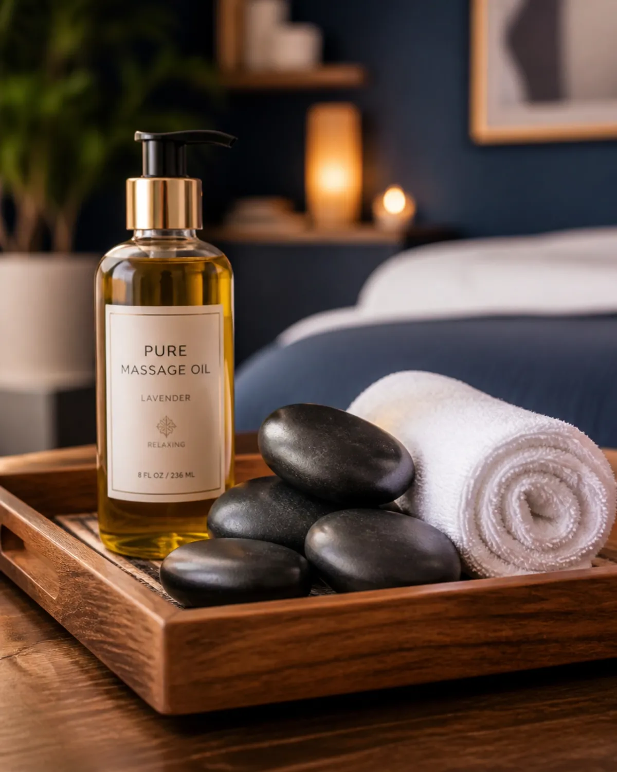A close-up of professional massage tools including oil and hot stones.