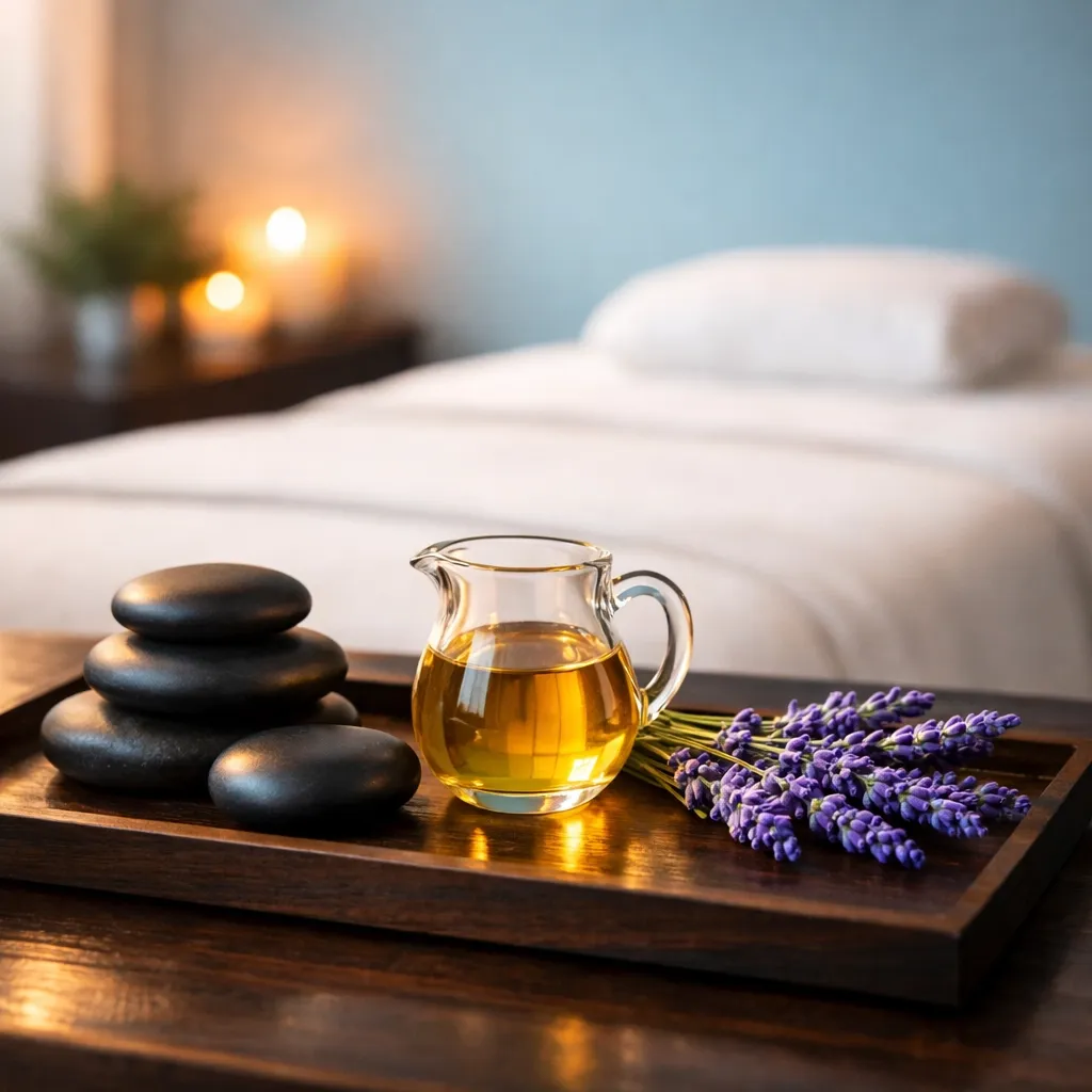 Hot stones and massage oil on a tray in a serene spa room for the best massage in Matawan NJ.