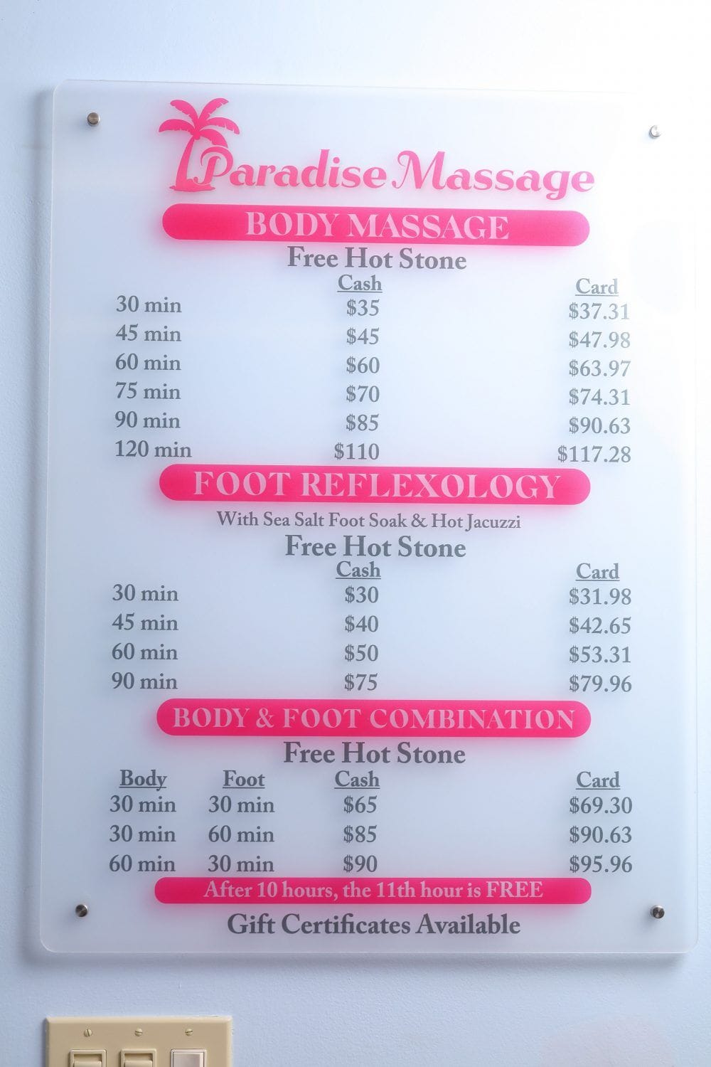 Paradise Massage service menu and pricing